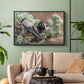 Black floater framed canvas featuring a wildlife painting of dark birds against muted landscape, displayed above a sofa in a modern living room.