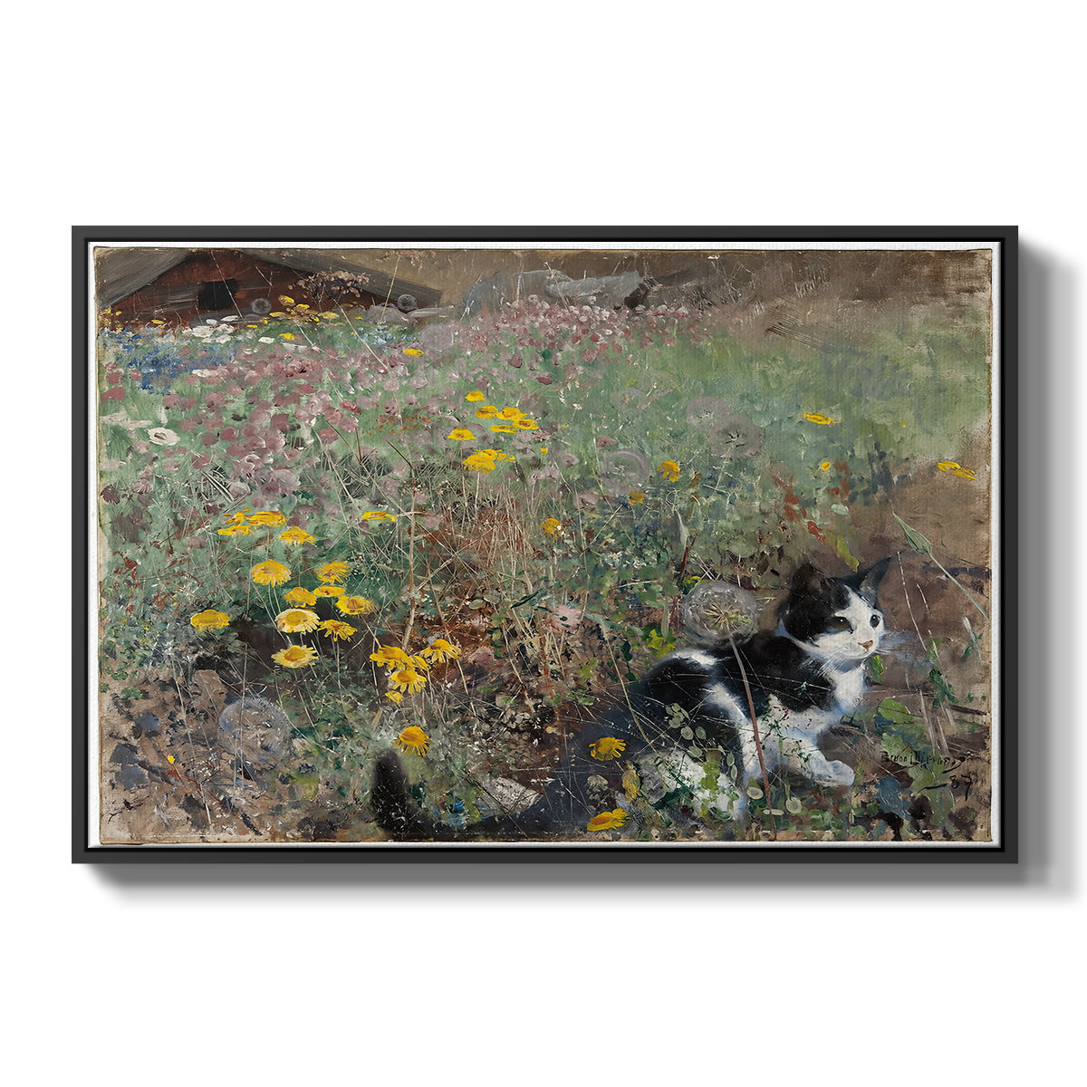 Cat on a Flowery Meadow, 1887 by Bruno Liljefors in a black floater framed canvas wall art display.