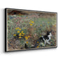 Angled view of Cat on a Flowery Meadow, 1887 by Bruno Liljefors in a black floater framed canvas.
