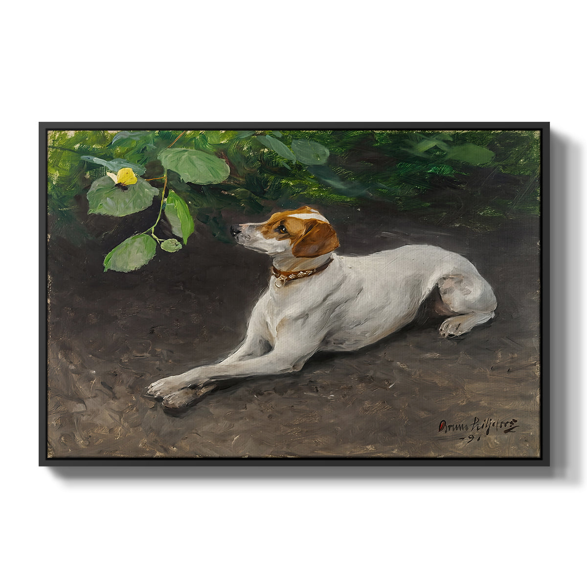 Portrait of a Dog, 1891 by Bruno Liljefors in a black floater framed canvas wall art display.