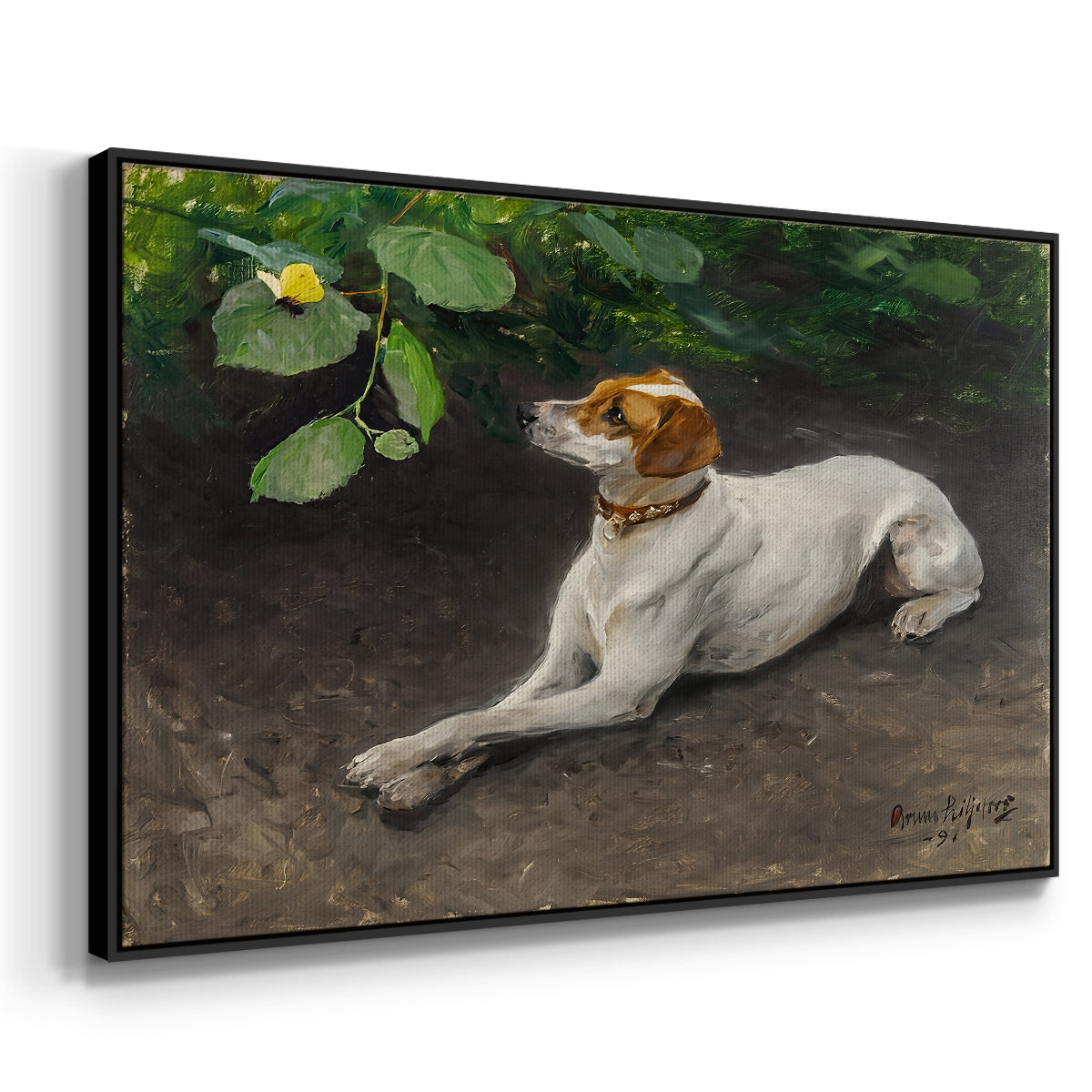 Angled view of Portrait of a Dog, 1891 by Bruno Liljefors in a black floater framed canvas.
