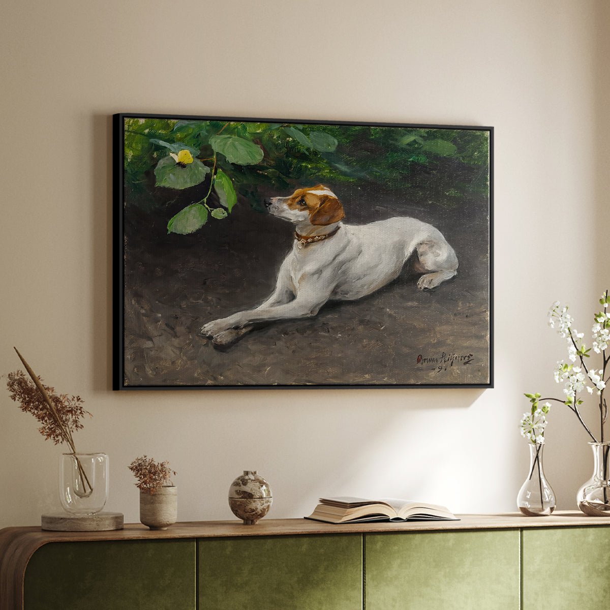 Black floater framed canvas of Portrait of a Dog, 1891 by Bruno Liljefors, featuring a realistic portrait of a resting dog with attentive expression above a sideboard in a softly lit hallway.