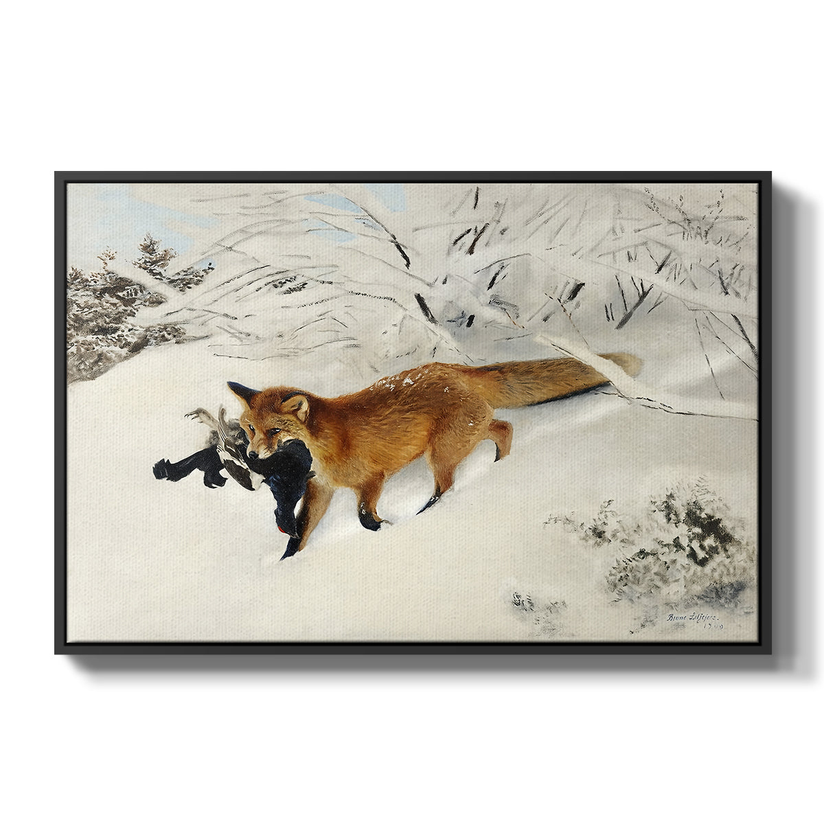Fox in Snow Landscape, 1900 by Bruno Liljefors in a black floater framed canvas wall art display.