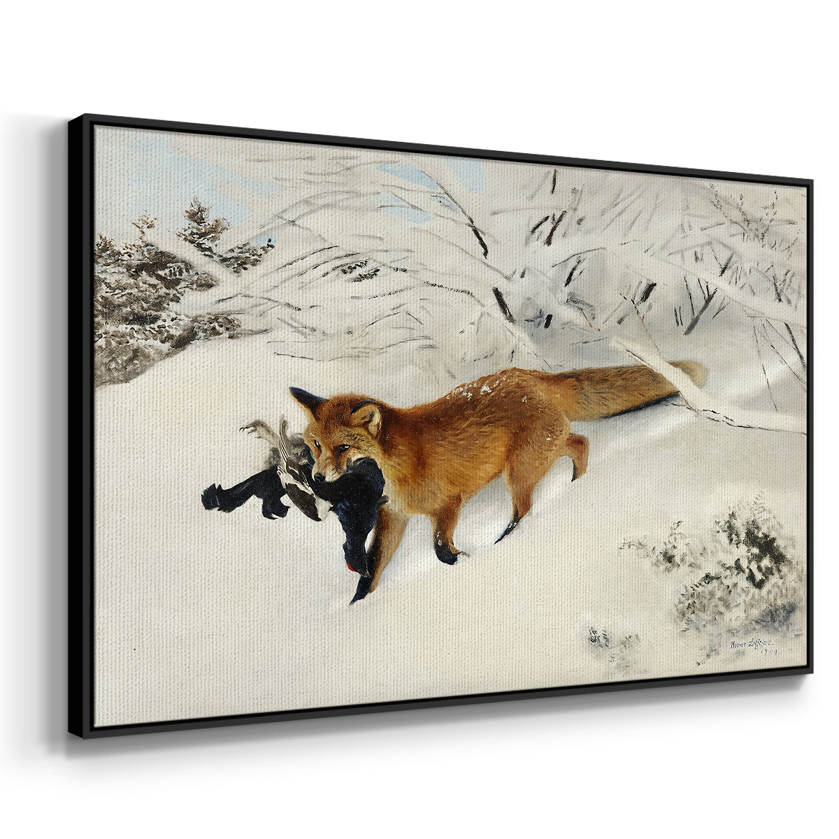 Angled view of Fox in Snow Landscape, 1900 by Bruno Liljefors in a black floater framed canvas.
