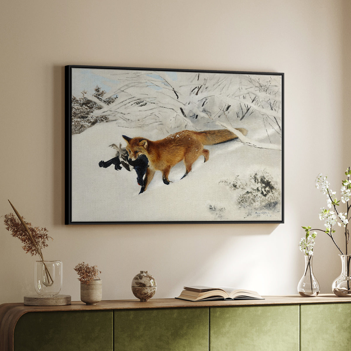 Black floater framed canvas of Fox in Snow Landscape, 1900 by Bruno Liljefors, featuring a wildlife scene of fox moving swiftly through winter terrain above a sideboard in a softly lit hallway.