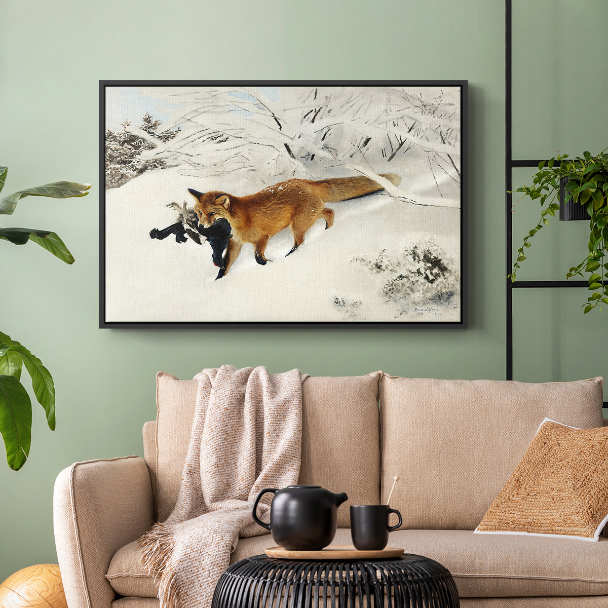Black floater framed canvas featuring a dynamic depiction of animal in cold snowy environment, displayed above a sofa in a modern living room.