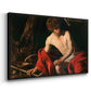 Angled view of Saint John the Baptist in the Wilderness, c. 1603-1604 by Caravaggio in a black floater framed canvas.