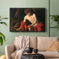 Black floater framed canvas featuring a contemplative religious figure in rustic wilderness environment, displayed above a sofa in a modern living room.