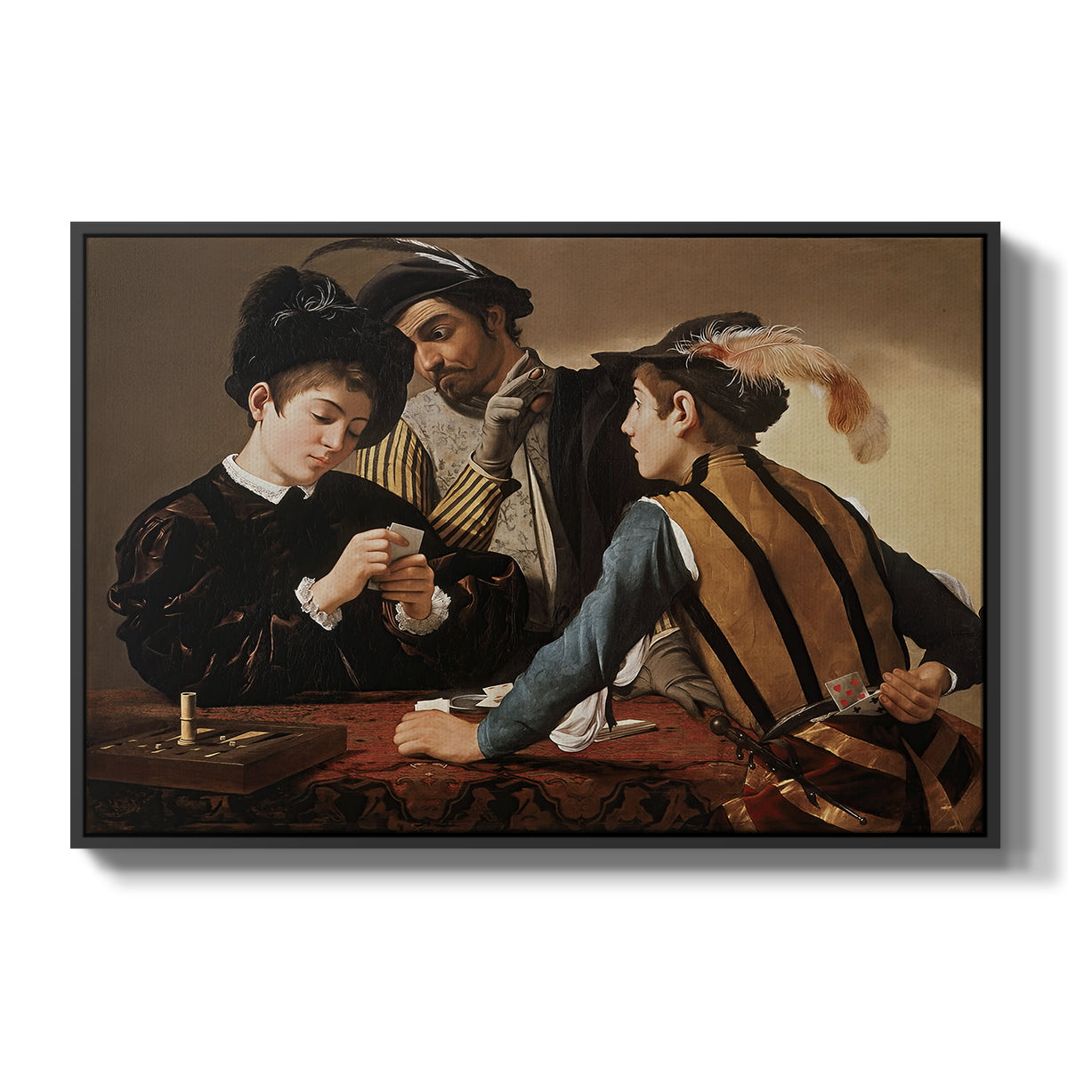The Cardsharps, c. 1594 by Caravaggio in a black floater framed canvas wall art display.