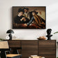 The Cardsharps, c. 1594 by Caravaggio displayed in a black floater framed canvas above a dark wood credenza in an entryway.