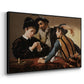 Angled view of The Cardsharps, c. 1594 by Caravaggio in a black floater framed canvas.