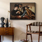 The Cardsharps, c. 1594 by Caravaggio as a black floater framed canvas featuring a young men playing cards with one cheating and another watching closely, styled above a mid-century console in a contemporary living area.