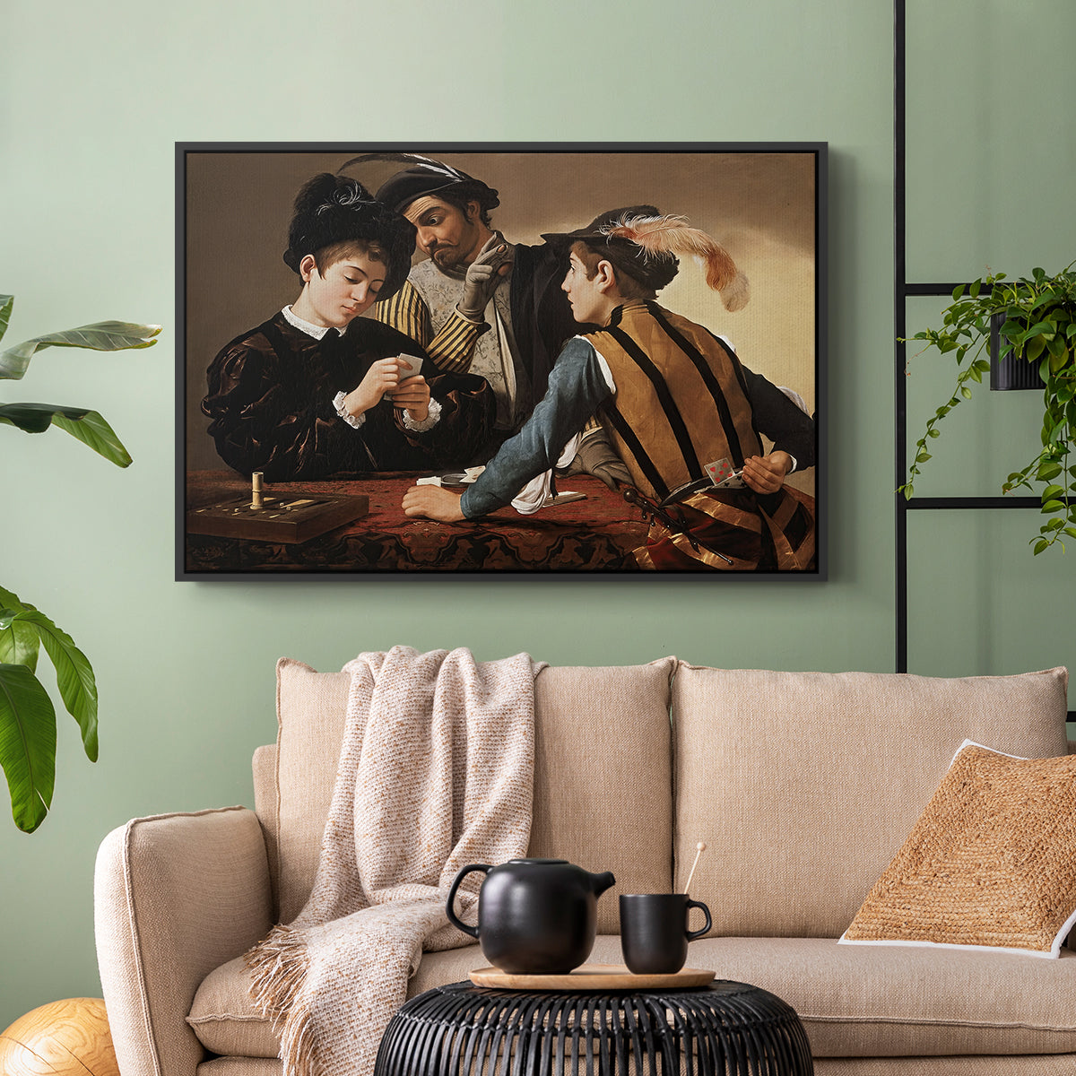 Black floater framed canvas featuring a dramatic interior scene of gambling and trickery among figures, displayed above a sofa in a modern living room.