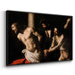 Angled view of The Flagellation of Christ at the Column (Rouen Version), 1606 by Caravaggio in a black floater framed canvas.