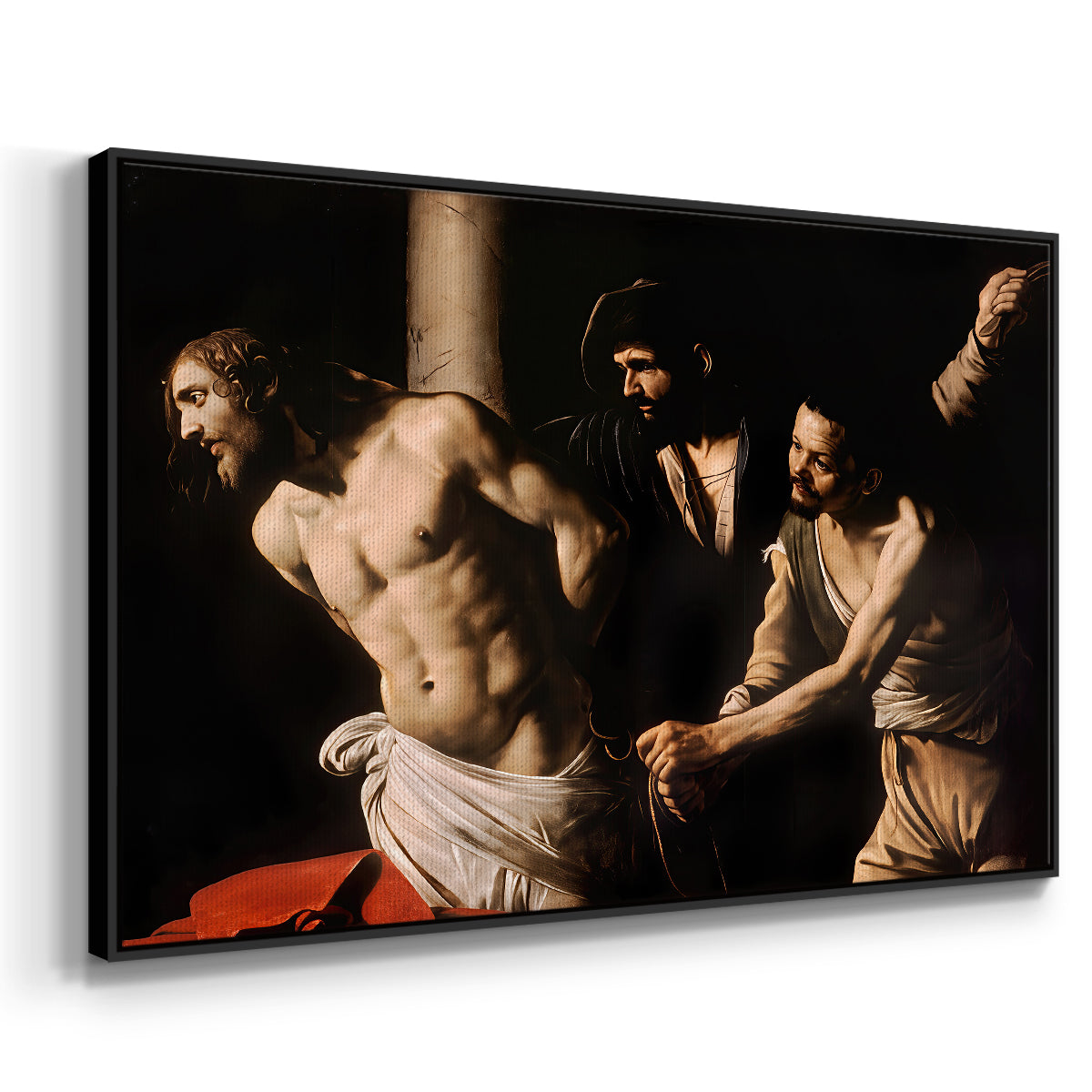 Angled view of The Flagellation of Christ at the Column (Rouen Version), 1606 by Caravaggio in a black floater framed canvas.