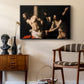 The Flagellation of Christ at the Column (Rouen Version), 1606 by Caravaggio as a black floater framed canvas featuring a biblical depiction of men whipping Christ tied to pillar, styled above a mid-century console in a contemporary living area.