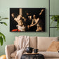 Black floater framed canvas featuring an intense Baroque scene of suffering with strong light and shadow, displayed above a sofa in a modern living room.