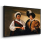 Angled view of The Fortune Teller (Louvre Version), c. 1595 by Caravaggio in a black floater framed canvas.