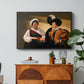 The Fortune Teller (Louvre Version), c. 1595 by Caravaggio in a black floater framed canvas featuring a woman reading a young man's palm while secretly stealing his ring, displayed above a wood console cabinet.