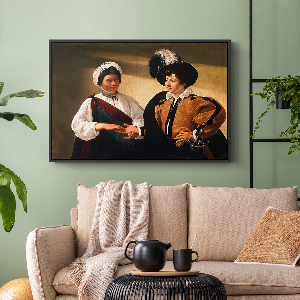Black floater framed canvas featuring two figures engaged in fortune telling with hidden deception, displayed above a sofa in a modern living room.
