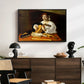 The Lute Player (Wildenstein Version), c. 1596 by Caravaggio displayed in a black floater framed canvas above a dark wood credenza in an entryway.