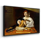 Angled view of The Lute Player (Wildenstein Version), c. 1596 by Caravaggio in a black floater framed canvas.