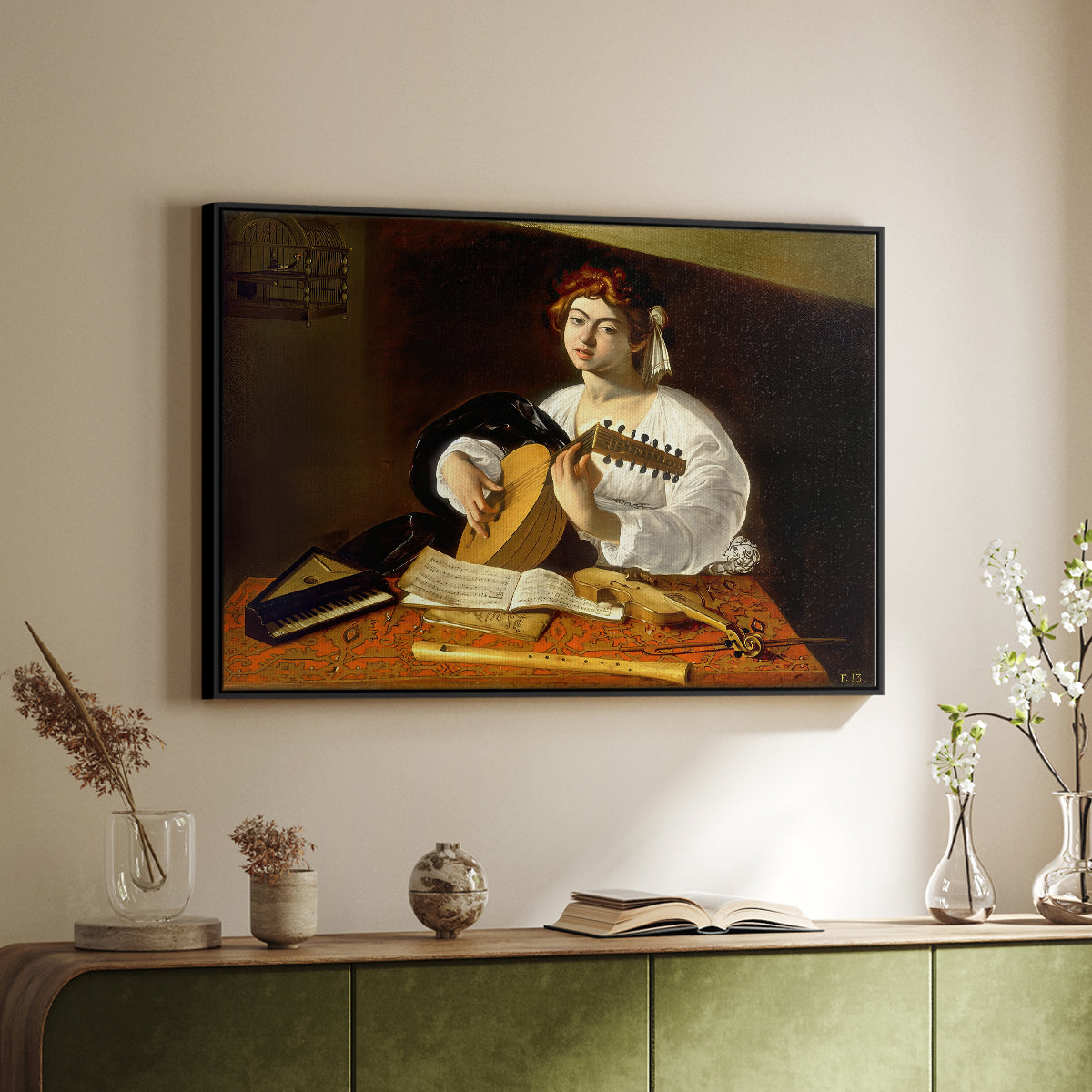 Black floater framed canvas of The Lute Player (Wildenstein Version), c. 1596 by Caravaggio, featuring a musician seated with lute and musical instruments on table above a sideboard in a softly lit hallway.