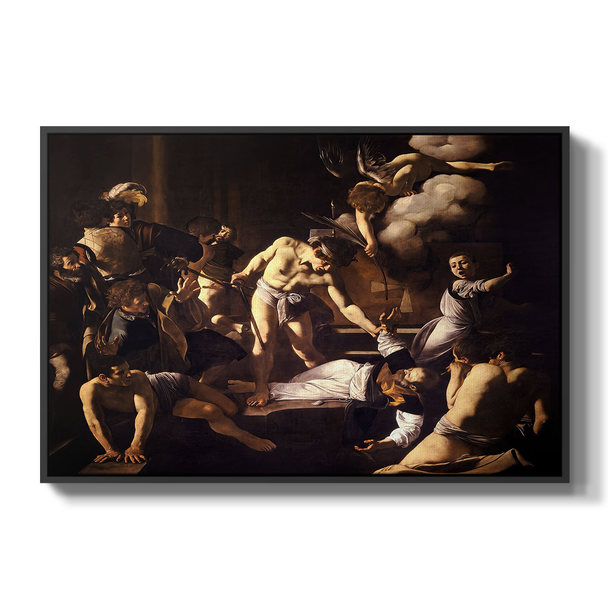 The Martyrdom of Saint Matthew, 1599-1600 by Caravaggio in a black floater framed canvas wall art display.