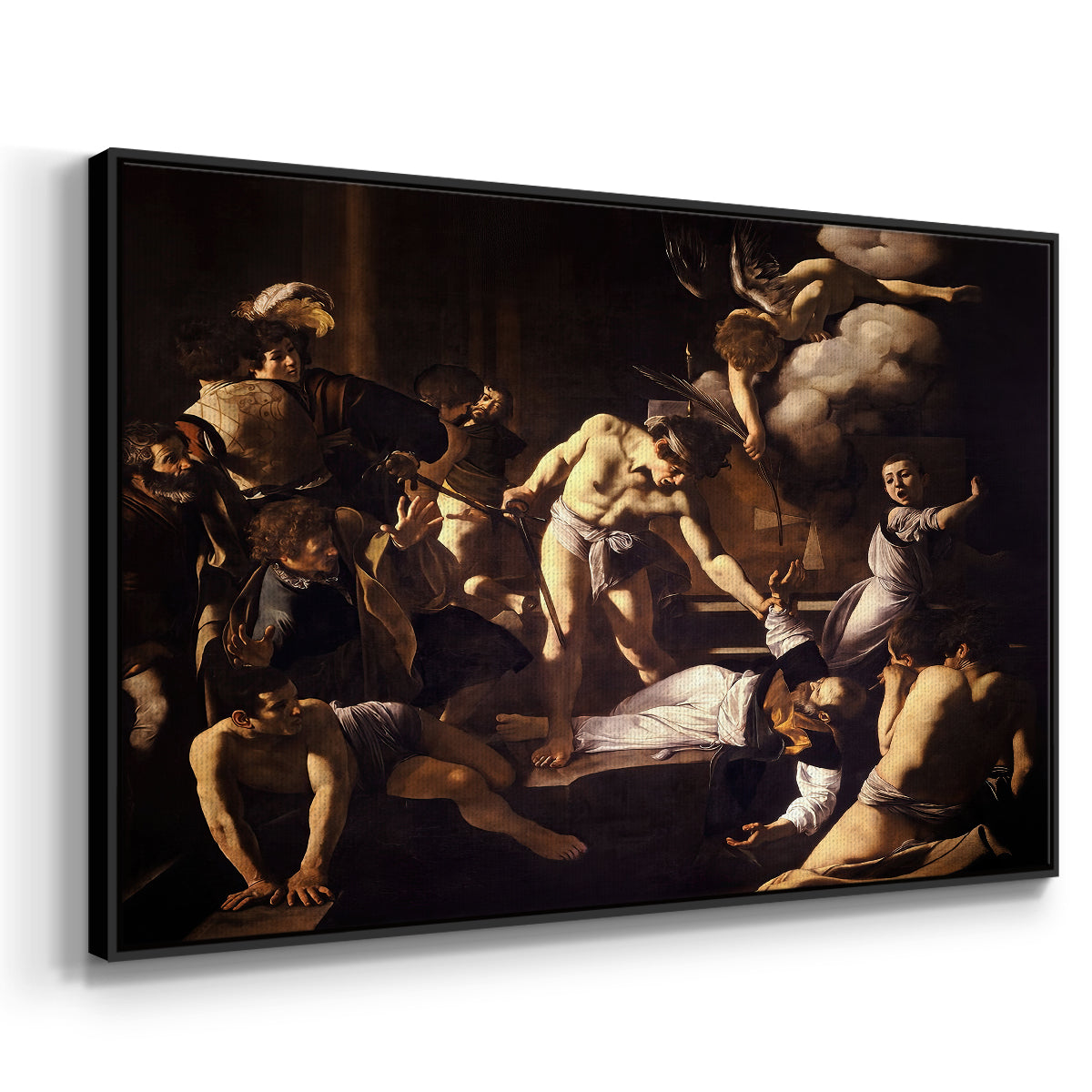 Angled view of The Martyrdom of Saint Matthew, 1599-1600 by Caravaggio in a black floater framed canvas.