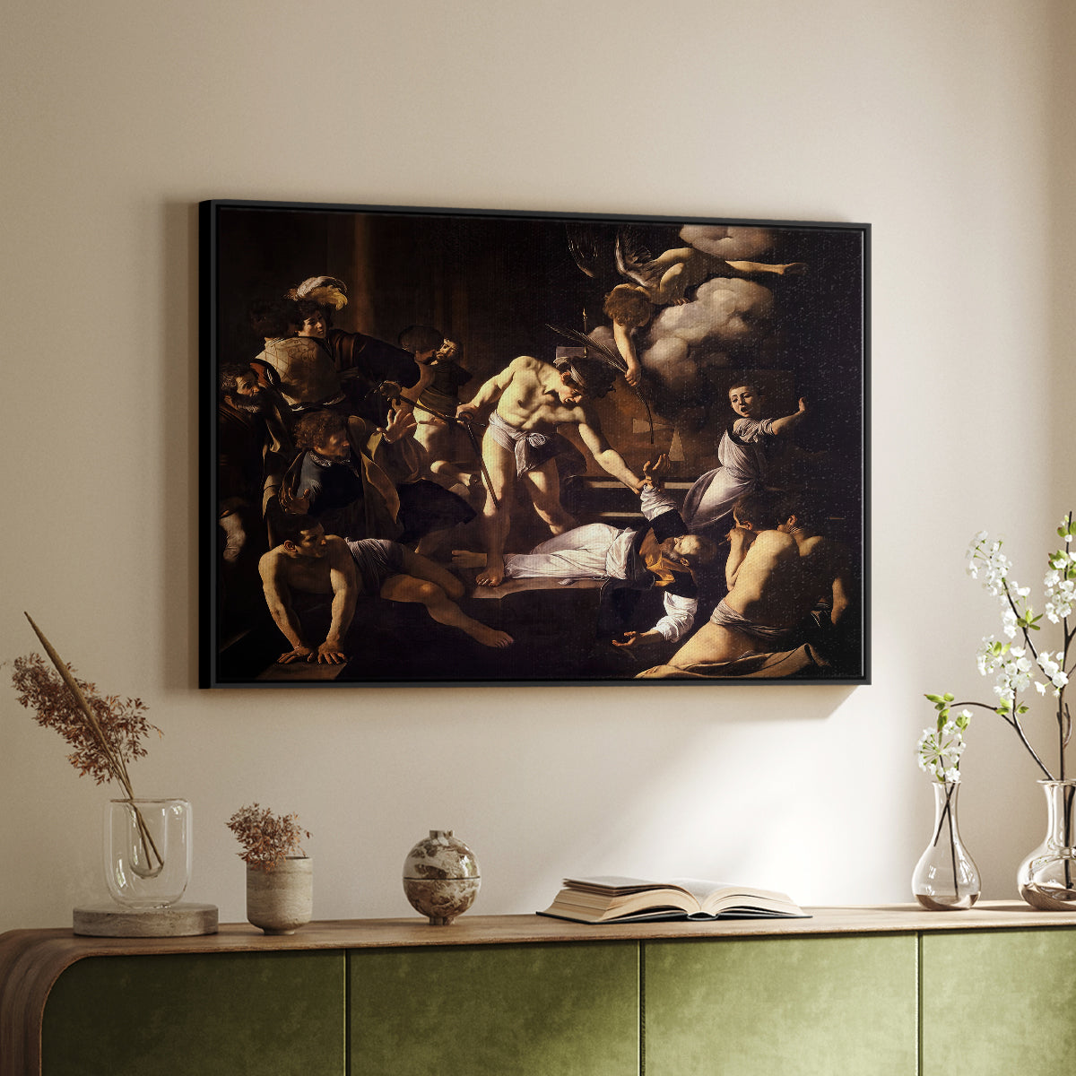 Black floater framed canvas of The Martyrdom of Saint Matthew, 1599-1600 by Caravaggio, featuring a dramatic moment of martyrdom with figures reacting in panic above a sideboard in a softly lit hallway.