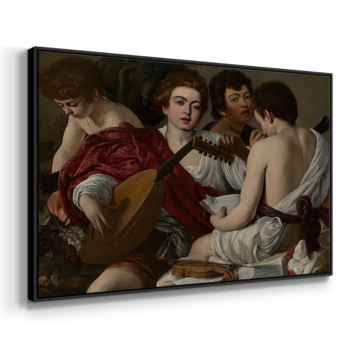 Angled view of The Musicians, c. 1595 by Caravaggio in a black floater framed canvas.