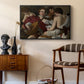 The Musicians, c. 1595 by Caravaggio as a black floater framed canvas featuring an intimate scene of youths making music with sheet music and instruments, styled above a mid-century console in a contemporary living area.