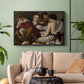 Black floater framed canvas featuring a musical gathering with figures posed closely in soft light, displayed above a sofa in a modern living room.