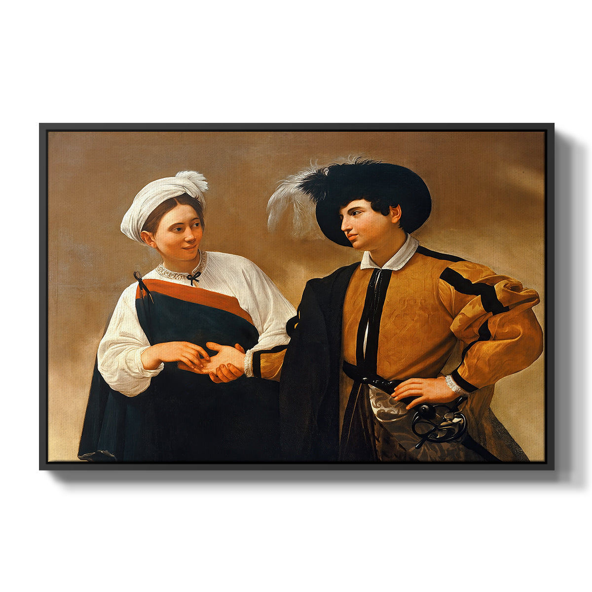 The Fortune Teller (Capitoline Version), c. 1599 by Caravaggio in a black floater framed canvas wall art display.