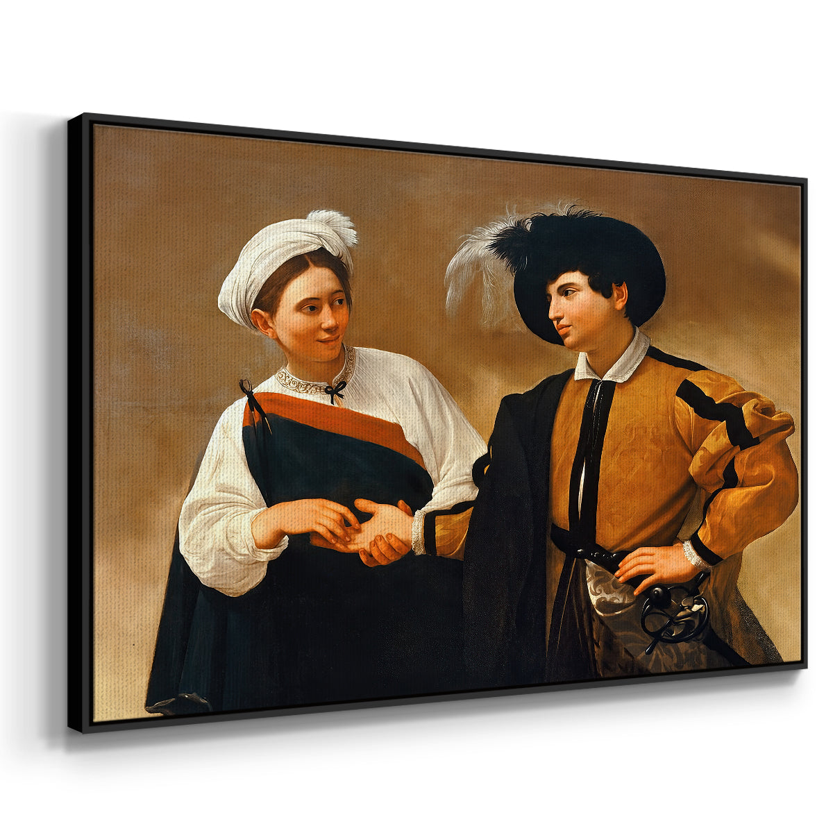 Angled view of The Fortune Teller (Capitoline Version), c. 1599 by Caravaggio in a black floater framed canvas.
