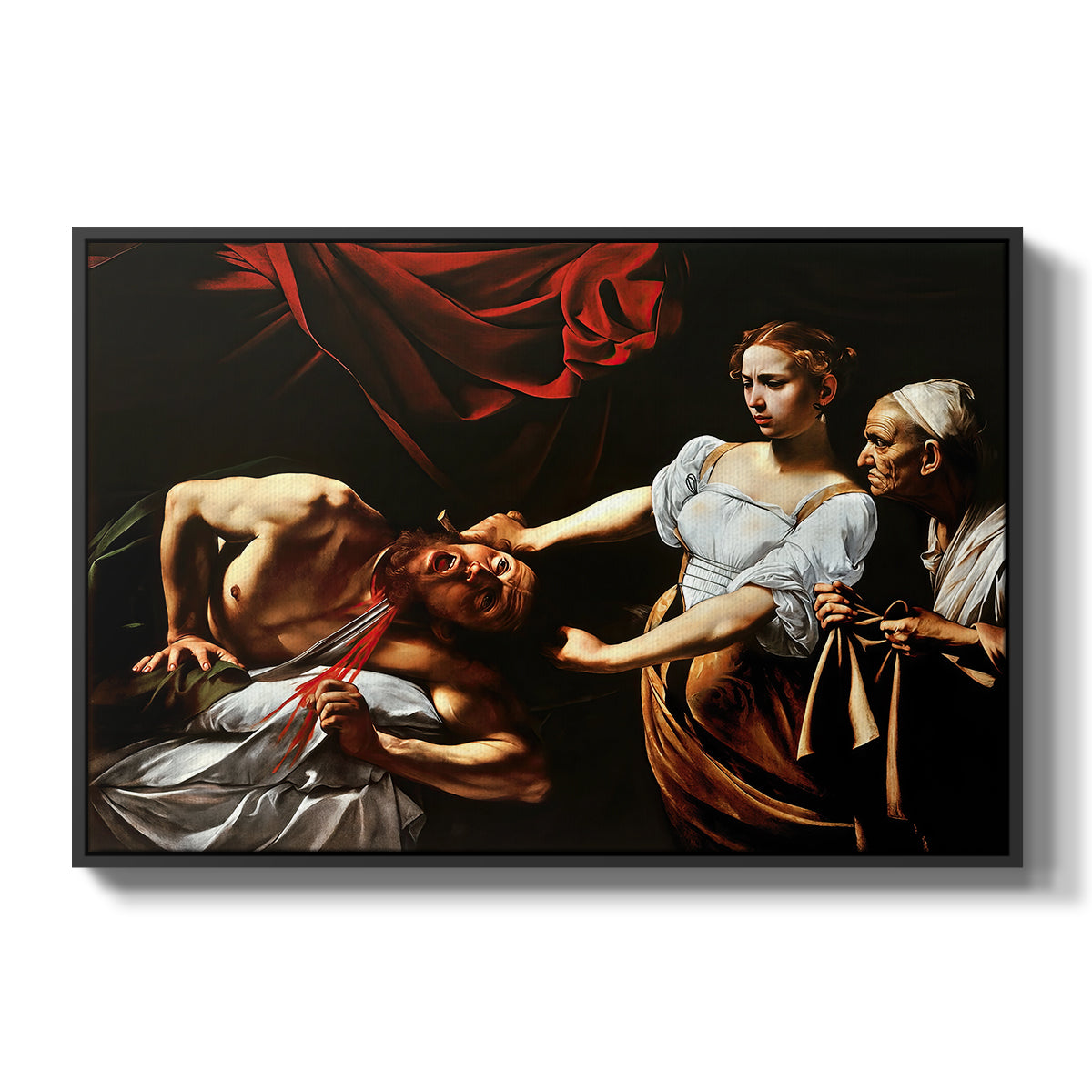 Judith Beheading Holofernes, c. 1599 by Caravaggio in a black floater framed canvas wall art display.