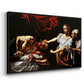 Angled view of Judith Beheading Holofernes, c. 1599 by Caravaggio in a black floater framed canvas.