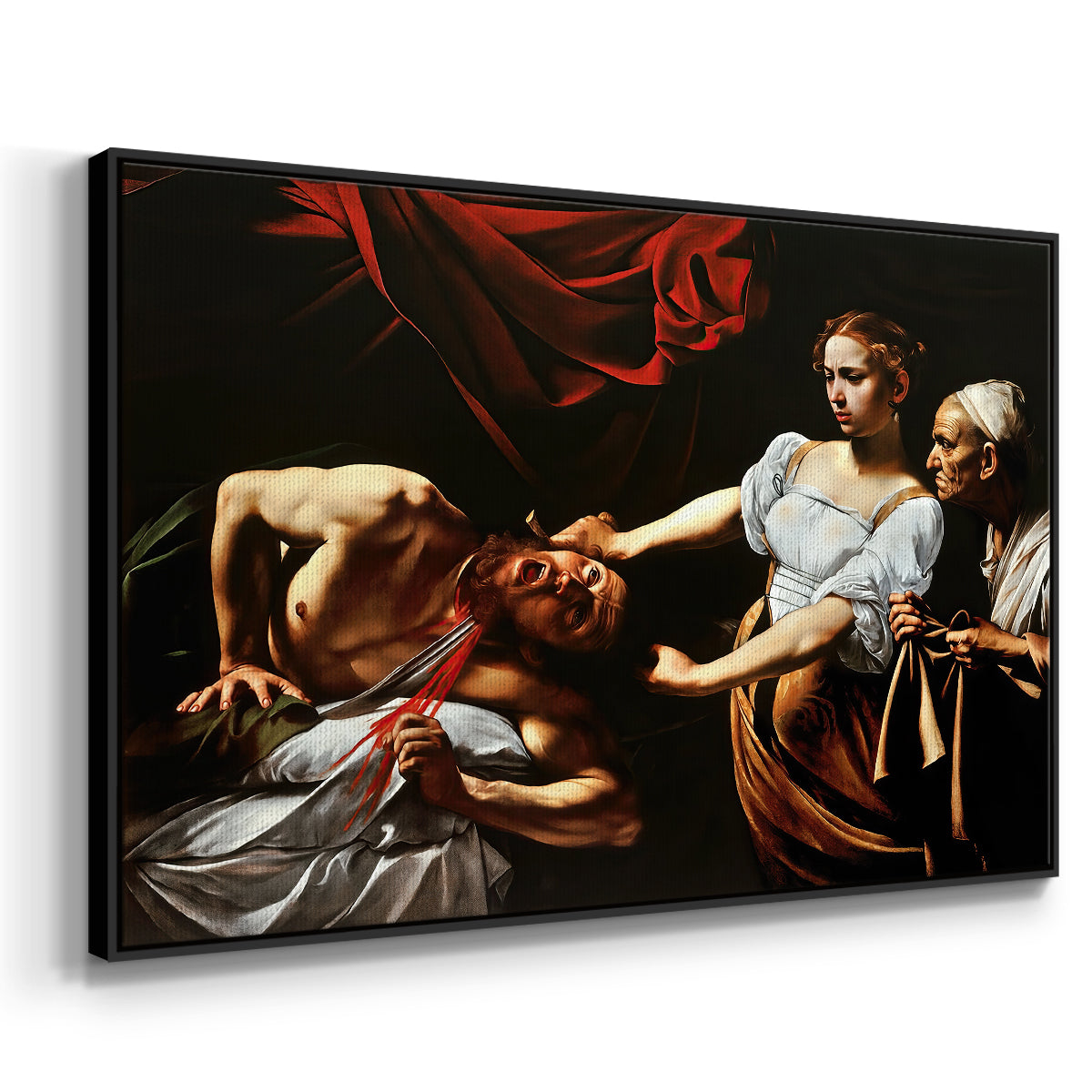 Angled view of Judith Beheading Holofernes, c. 1599 by Caravaggio in a black floater framed canvas.