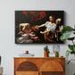 Judith Beheading Holofernes, c. 1599 by Caravaggio in a black floater framed canvas featuring Judith cutting off Holofernes' head as maidservant assists beside her, displayed above a wood console cabinet.