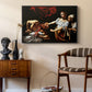 Judith Beheading Holofernes, c. 1599 by Caravaggio as a black floater framed canvas featuring an intense moment of Judith slaying Holofernes with sword, styled above a mid-century console in a contemporary living area.