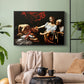 Black floater framed canvas featuring a violent religious narrative with strong contrast of light and shadow, displayed above a sofa in a modern living room.