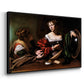 Angled view of Martha and Mary Magdalene, c. 1598 by Caravaggio in a black floater framed canvas.