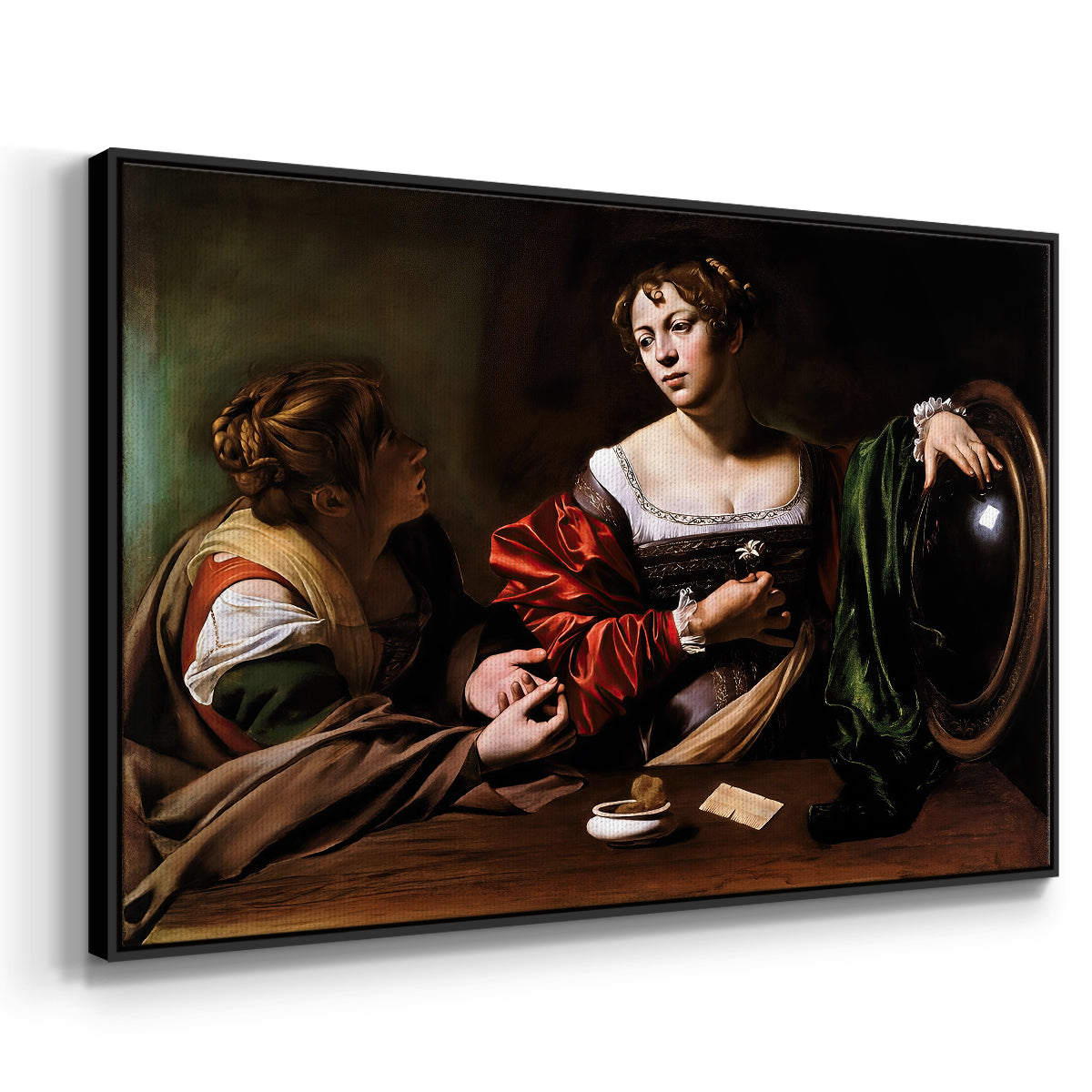 Angled view of Martha and Mary Magdalene, c. 1598 by Caravaggio in a black floater framed canvas.