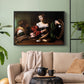 Black floater framed canvas featuring a religious interior scene with figures engaged in thoughtful dialogue, displayed above a sofa in a modern living room.