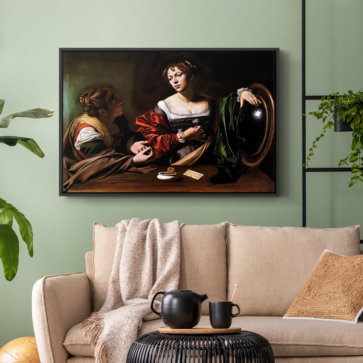 Black floater framed canvas featuring a religious interior scene with figures engaged in thoughtful dialogue, displayed above a sofa in a modern living room.