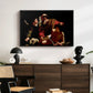 The Sacrifice of Isaac (Uffizi Version), c. 1603 by Caravaggio displayed in a black floater framed canvas above a dark wood credenza in an entryway.