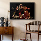The Sacrifice of Isaac (Uffizi Version), c. 1603 by Caravaggio as a black floater framed canvas featuring a dramatic moment of divine intervention during sacrifice of Isaac, styled above a mid-century console in a contemporary living area.