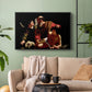 Black floater framed canvas featuring an intense religious narrative with figures in close physical struggle, displayed above a sofa in a modern living room.