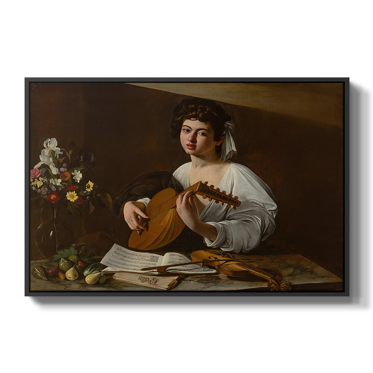 The Lute Player (Hermitage Version), c. 1596 by Caravaggio in a black floater framed canvas wall art display.
