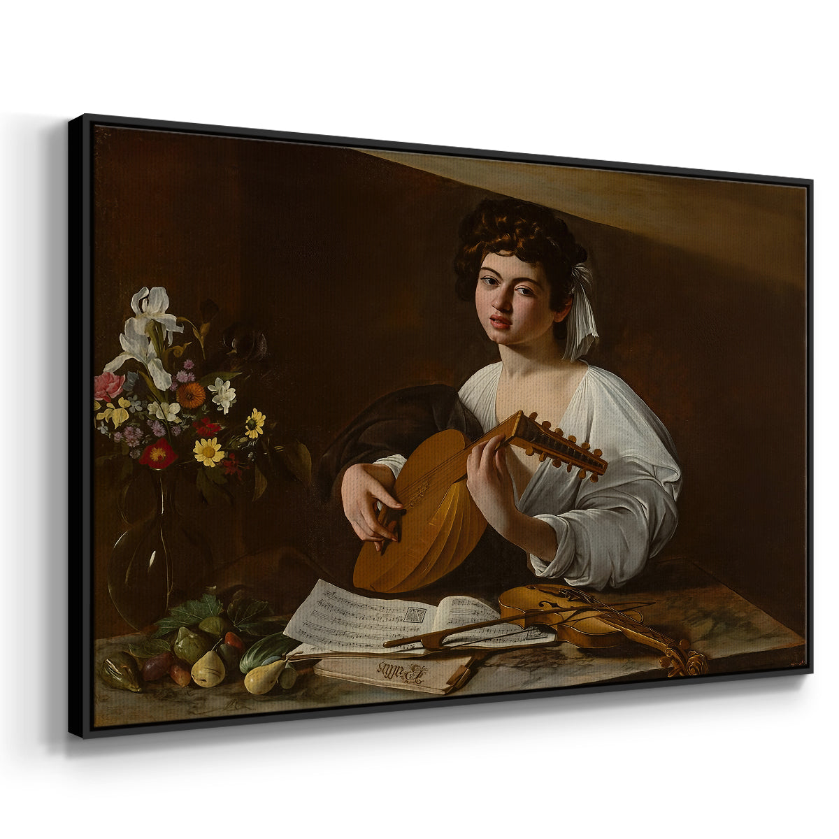 Angled view of The Lute Player (Hermitage Version), c. 1596 by Caravaggio in a black floater framed canvas.